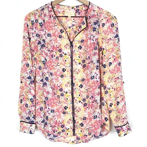 MODCLOTH Blouse Podcast Co Host Floral Long Sleeve Roll Tab Split V Neck XXS - Picture 1 of 9